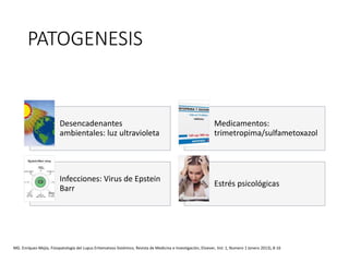 PATOGENESIS
Desencadenantes
ambientales: luz ultravioleta
Medicamentos:
trimetropima/sulfametoxazol
Infecciones: Virus de Epstein
Barr
Estrés psicológicas
MG. Enríquez-Mejía, Fisiopatología del Lupus Eritematoso Sistémico, Revista de Medicina e Investigación, Elsiever, Vol. 1, Numero 1 (enero 2013), 8-16
 