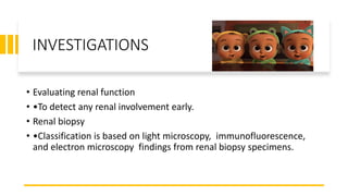 INVESTIGATIONS
• Evaluating renal function
• •To detect any renal involvement early.
• Renal biopsy
• •Classification is based on light microscopy, immunofluorescence,
and electron microscopy findings from renal biopsy specimens.
 