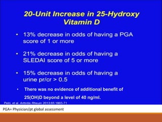 PGA= Physician/pt global assessment
• There was no evidence of additional benefit of
25(OH)D beyond a level of 40 ng/ml.
 