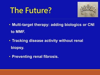 The Future?
• Multi-target therapy: adding biologics or CNI
to MMF.
• Tracking disease activity without renal
biopsy.
• Preventing renal fibrosis.
 