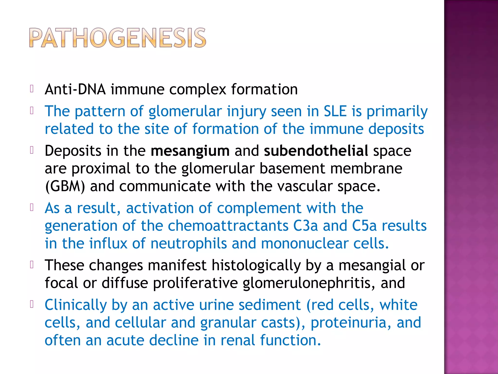  Anti-DNA immune complex formation 
 The pattern of glomerular injury seen in SLE is primarily
related to the site of formation of the immune deposits
 Deposits in the mesangium and subendothelial space
are proximal to the glomerular basement membrane
(GBM) and communicate with the vascular space.
 As a result, activation of complement with the
generation of the chemoattractants C3a and C5a results
in the influx of neutrophils and mononuclear cells.
 These changes manifest histologically by a mesangial or
focal or diffuse proliferative glomerulonephritis, and
 Clinically by an active urine sediment (red cells, white
cells, and cellular and granular casts), proteinuria, and
often an acute decline in renal function.
 