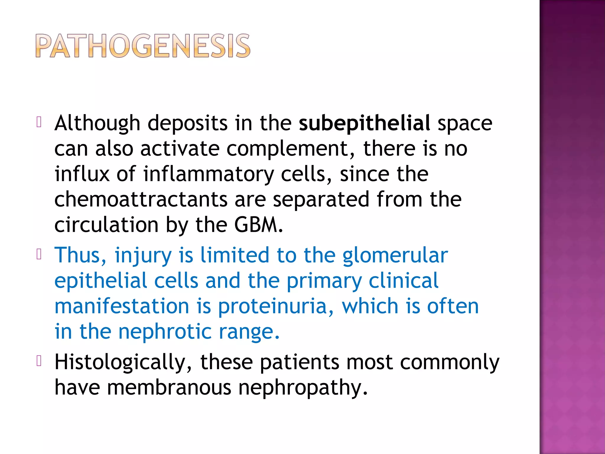  Although deposits in the subepithelial space
can also activate complement, there is no
influx of inflammatory cells, since the
chemoattractants are separated from the
circulation by the GBM.
 Thus, injury is limited to the glomerular
epithelial cells and the primary clinical
manifestation is proteinuria, which is often
in the nephrotic range.
 Histologically, these patients most commonly
have membranous nephropathy.
 
