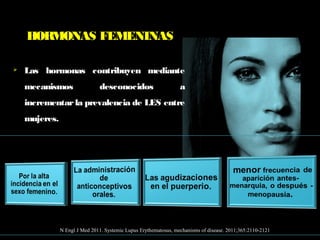 HORMONAS FEMENINAS
 Las hormonas contribuyen mediante
mecanismos desconocidos a
incrementar la prevalencia de LES entre
mujeres.
N Engl J Med 2011. Systemic Lupus Erythematosus, mechanisms of disease. 2011;365:2110-2121
 