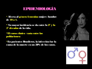 EPIDEMIOLOGÍA
 Afecta al género femenino mujer: hombre
de 10 a 1.
 Su mayorincidencia se da entre la 2° y la
5° décadas de la vida.
El curso clínico varía entre las
poblaciones:
En pacientes Brasileros, la infección fue la
causa de la muerte en un 58% de los casos.
.
 