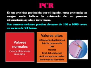 PCRPCR
Es un proteína producida por el hígado, cuya presencia en
sangre suele indicar la existencia de un proceso
inflamatorio agudo o infeccioso.
Sus concentraciones pueden elevarse de 100 a 1000 veces
en menos de 24 horas.
 