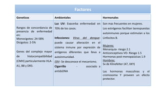 Factores
Geneticos Ambientales Hormonales
Rangos de concordancia de
presencia de enfermedad
en:
Monocigotos: 24-58%
Dicigo...