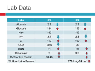 Lab Data
        Labs             6/6         6/8
      Albumin            2.3         2.3
      Glucose           194          156
        Na+             142          143
         K+              3.4         2.8
         Cl             110          109
        CO2             20.6         26
        BUN              31          39
     Creatinine          2           3.2
 C-Reactive Protein     98.46
24 Hour Urine Protein           7791 mg/24 hrs
 