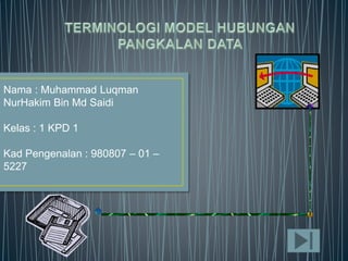 Nama : Muhammad Luqman 
NurHakim Bin Md Saidi 
Kelas : 1 KPD 1 
Kad Pengenalan : 980807 – 01 – 
5227 
 