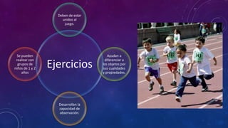 Deben de estar
                     unidos al
                      juego.




  Se pueden                            Ayudan a
 realizar con                        diferenciar a
  grupos de
niños de 1 y 2
     años
                 Ejercicios         los objetos por
                                    sus cualidades
                                    y propiedades.




                   Desarrollan la
                   capacidad de
                   observación.
 