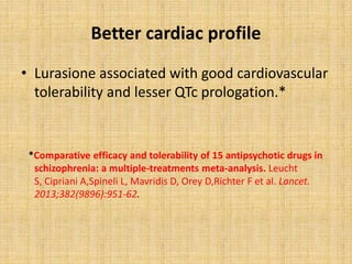 Better cardiac profile
• Lurasione associated with good cardiovascular
tolerability and lesser QTc prologation.*
*Comparative efficacy and tolerability of 15 antipsychotic drugs in
schizophrenia: a multiple-treatments meta-analysis. Leucht
S, Cipriani A,Spineli L, Mavridis D, Orey D,Richter F et al. Lancet.
2013;382(9896):951-62.
 