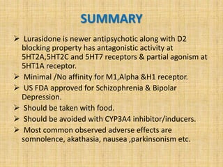 SUMMARY
 Lurasidone is newer antipsychotic along with D2
blocking property has antagonistic activity at
5HT2A,5HT2C and 5HT7 receptors & partial agonism at
5HT1A receptor.
 Minimal /No affinity for M1,Alpha &H1 receptor.
 US FDA approved for Schizophrenia & Bipolar
Depression.
 Should be taken with food.
 Should be avoided with CYP3A4 inhibitor/inducers.
 Most common observed adverse effects are
somnolence, akathasia, nausea ,parkinsonism etc.
 