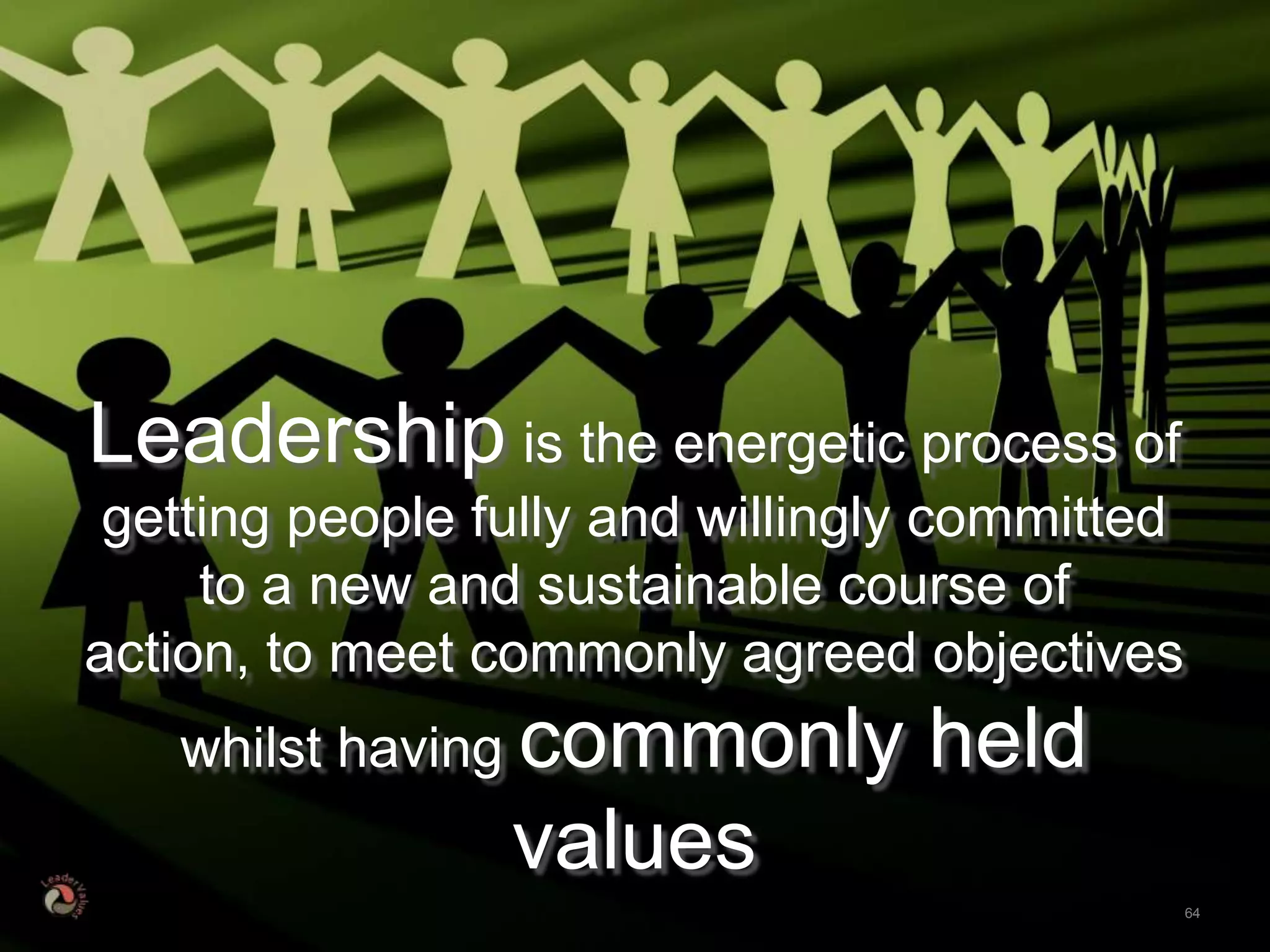 • Click to edit
                    Master text
Leadership is the energetic process of
                    styles
 getting people fully and willingly committed
     to a new and sustainable course of
action, to meet commonly agreed objectives
   whilst having commonly         held
                 values
                                                64
 
