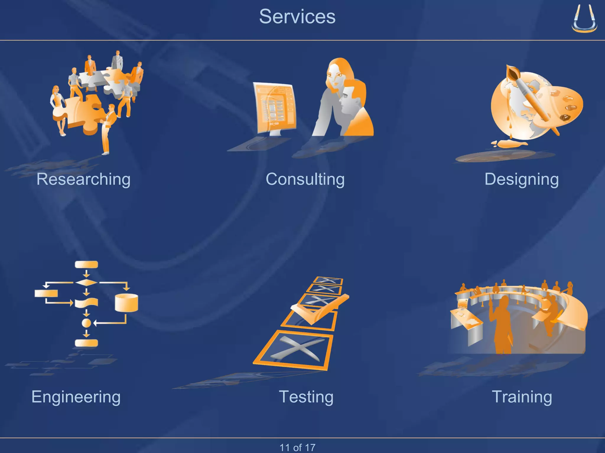 Researching  Consulting  Designing  Services Engineering  Testing  Training 11 of 17 
