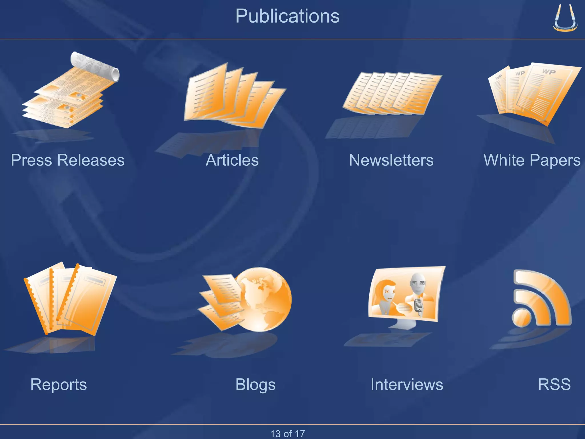 Publications Press Releases  Articles  Newsletters  White Papers Reports  Blogs  Interviews  RSS 13 of 17 