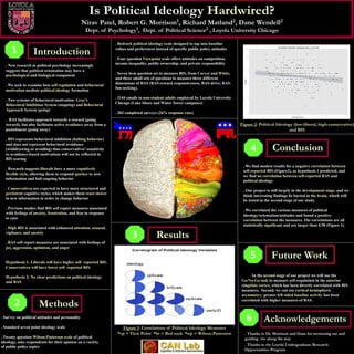 Is Political Ideology Hardwired?
                                                  Nirav Patel, Robert G.              Morrison 1,        Richard        Matland 2,     Dane     Wendell2
                                                   Dept. of     Psychology 1,     Dept. of Political        Science 2    , Loyola University Chicago

                                                                  . Bedrock political ideology scale designed to tap into baseline
      1            Introduction                                   values and preferences instead of specific public policy attitudes

                                                                  . Four question Viewpoint scale offers attitudes on competition,
                                                                  income inequality, public ownership, and private responsibility
  . New research in political psychology increasingly
  suggests that political orientation may have a
                                                                  . Seven item question set to measure BIS, from Carver and White,
  psychological and biological component
                                                                  and three small sets of questions to measure three different
                                                                  dimensions of BAS (BAS-reward responsiveness, BAS-drive, BAS-
  . We seek to examine how self regulation and behavioral
                                                                  fun-seeking).
  motivation mediate political ideology formation
                                                                  . 1144 emails to non-student adults employed by Loyola University
  . Two systems of behavioral motivation: Gray’s
                                                                  Chicago (Lake Shore and Water Tower campuses)
  Behavioral Inhibition System (stopping) and Behavioral
  Approach System (going)
                                                                  . 303 completed surveys (26% response rate).
  . BAS facilitates approach towards a reward (going
  toward), but also facilitates active avoidance away from a                                                                           Figure 2: Political Ideology (low-liberal, high-conservative)
  punishment (going away)                                                                                                                                        and BIS

  . BIS represents behavioral inhibition (halting behavior)
  and does not represent behavioral avoidance
  (withdrawing or avoiding) thus conservatives’ sensitivity
  to avoidance-based motivations will not be reflected in
                                                                                                                                            4            Conclusion
  BIS scoring
                                                                                                                                        . We find modest results for a negative correlation between
  . Research suggests liberals have a more cognitively
                                                                                                                                        self-reported BIS (Figure2), as hypothesis 1 predicted, and
  flexible style, allowing them to respond quicker to new
                                                                                                                                        we find no correlation between self-reported BAS and
  information and halt ongoing behavior
                                                                                                                                        political ideology
  . Conservatives are expected to have more structured and
                                                                                                                                        . Our project is still largely in the development stage, and we
  persistent cognitive styles, which makes them react slower
                                                                                                                                        think interesting findings lie buried in the brain, which will
  to new information in order to change behavior
                                                                                                                                        be tested in the second stage of our study.
  . Previous studies find BIS self report measures associated
                                                                                                                                        . We correlated the various measures of political
  with feelings of anxiety, frustration, and fear in response
                                                                                                                                        ideology/orientation/attitudes and found a positive
  to cues
                                                                                                                                        correlation between the measures. The correlations are all
                                                                                                                                        statistically significant and are larger than 0.50 (Figure 1).
  . High BIS is associated with enhanced attention, arousal,
  vigilance, and anxiety
                                                                           3              Results
  . BAS self report measures are associated with feelings of
  joy, aggression, optimism, and anger

                                                                                                                                            5            Future Work
  Hypothesis 1: Liberals will have higher self- reported BIS.
  Conservatives will have lower self- reported BIS.

  Hypothesis 2: No clear predictions on political ideology                                                                                   In the second stage of our project we will use the
  and BAS                                                                                                                              Go/No-Go task to measure self-regulation in the anterior
                                                                                                                                       cingulate cortex, which has been directly correlated with BIS
                                                                                                                                       measures. Second, we can use cortical hemispheric
                                                                                                                                       asymmetry: greater left-sided baseline activity has been

        2             Methods
                                                                                                                                       correlated with higher measures of BAS.



. Survey on political attitudes and personality
                                                                                                                                          6         Acknowledgements
. Standard seven point ideology scale                                Figure 1: Correlations of Political Ideology Measures
                                                                   *vp = View Point *br = Bed rock *wp = Wilson-Patterson                . Thanks to Dr. Morrison and Dane for mentoring me and
. Twenty question Wilson-Patterson scale of political                                                                                    guiding me along the way
ideology, asks respondents for their opinion on a variety
                                                                                                                                         . Thanks to the Loyola Undergraduate Research
of public policy topics
                                                                                                                                         Opportunities Program
 
