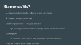 Microservices Why?
Modularity, independent development and operations
Scaling can be done per service
Technology diversity -- Polyglott presence
Right technology stack for the problem (languages, libraries, middleware, databases)
Exchangeable
You can replace a service with “no effort” regarding to a monolith architecture
Effective and not more communication
 