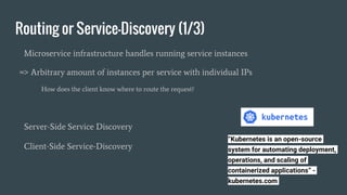 Routing or Service-Discovery (1/3)
Microservice infrastructure handles running service instances
=> Arbitrary amount of instances per service with individual IPs
How does the client know where to route the request?
Server-Side Service Discovery
Client-Side Service-Discovery
“Kubernetes is an open-source
system for automating deployment,
operations, and scaling of
containerized applications” -
kubernetes.com
 