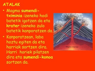 ATALAK
• Magma sumenditximinia izeneko hodi
batetik igotzen da eta
krater izeneko zulo
batetik kanporatzen da.
• Kanporatzean, laba
hoztu egiten da eta
harriak sortzen dira.
Harri horiek pilatzen
dira eta sumendi-konoa
sortzen da.

 