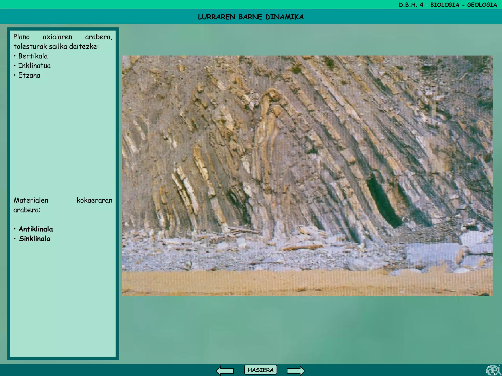 D.B.H. 4 – BIOLOGIA - GEOLOGIA LURRAREN BARNE DINAMIKA HASIERA Plano axialaren arabera, tolesturak sailka daitezke: Bertikala Inklinatua Etzana Materialen kokaeraran arabera: Antiklinala Sinklinala 