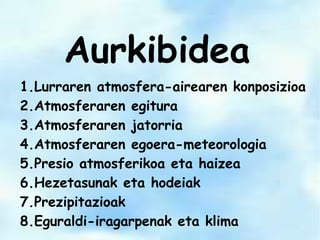Aurkibidea
1.Lurraren atmosfera-airearen konposizioa
2.Atmosferaren egitura
3.Atmosferaren jatorria
4.Atmosferaren egoera-meteorologia
5.Presio atmosferikoa eta haizea
6.Hezetasunak eta hodeiak
7.Prezipitazioak
8.Eguraldi-iragarpenak eta klima
 