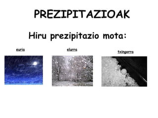 PREZIPITAZIOAK
Hiru prezipitazio mota:
euria elurra
txingorra
 