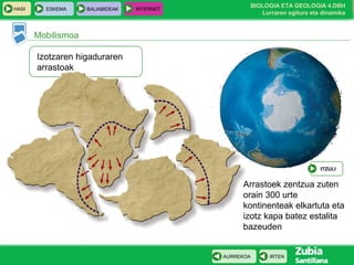 HASI

ESKEMA

BALIABIDEAK

INTERNET

BIOLOGIA ETA GEOLOGIA 4.DBH
Lurraren egitura eta dinamika

Mobilismoa
Izotzaren higaduraren
arrastoak

ITZULI

Arrastoek zentzua zuten
orain 300 urte
kontinenteak elkartuta eta
izotz kapa batez estalita
bazeuden

AURREKOA

IRTEN

 