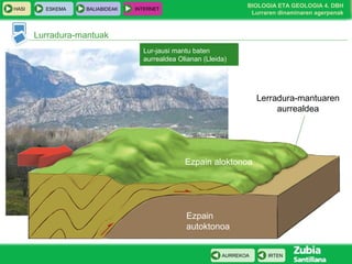 HASI

ESKEMA

BALIABIDEAK

BIOLOGIA ETA GEOLOGIA 4. DBH
Lurraren dinaminaren agerpenak

INTERNET

Lurradura-mantuak
Lur-jausi mantu baten
aurrealdea Olianan (Lleida)

Lerradura-mantuaren
aurrealdea

Ezpain aloktonoa

Ezpain
autoktonoa
AURREKOA

IRTEN

 