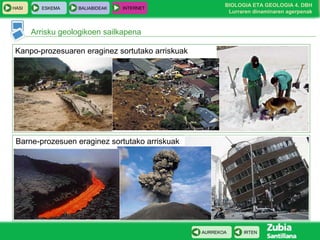 HASI

ESKEMA

BALIABIDEAK

INTERNET

BIOLOGIA ETA GEOLOGIA 4. DBH
Lurraren dinaminaren agerpenak

Arrisku geologikoen sailkapena
Kanpo-prozesuaren eraginez sortutako arriskuak

Barne-prozesuen eraginez sortutako arriskuak

AURREKOA

IRTEN

 