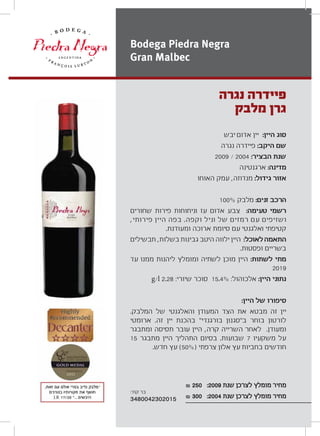 ‫יבש‬ ‫אדום‬ ‫יין‬ :‫היין‬ ‫סוג‬
‫נגרה‬ ‫פיידרה‬ :‫היקב‬ ‫שם‬
2009 / 2004 :‫הבציר‬ ‫שנת‬
‫ארגנטינה‬ :‫מדינה‬
‫האוחו‬ ‫עמק‬ ,‫מנדוזה‬ :‫גידול‬ ‫אזור‬
100% ‫מלבק‬ :‫זנים‬ ‫הרכב‬
‫שחורים‬ ‫פירות‬ ‫וניחוחות‬ ‫עז‬ ‫אדום‬ ‫צבע‬ :‫טעימה‬ ‫רשמי‬
,‫פירותי‬ ‫היין‬ ‫בפה‬ .‫וקפה‬ ‫וניל‬ ‫של‬ ‫רמזים‬ ‫עם‬ ‫ושזיפים‬
.‫ומעודנת‬ ‫ארוכה‬ ‫סיומת‬ ‫עם‬ ‫ואלגנטי‬ ‫קטיפתי‬
‫תבשילים‬ ,‫בשלות‬ ‫גבינות‬ ‫היטב‬ ‫ילווה‬ ‫היין‬ :‫לאוכל‬‫התאמה‬
.‫ופסטות‬ ‫בשריים‬
‫עד‬ ‫ממנו‬ ‫ליהנות‬ ‫ומומלץ‬ ‫לשתיה‬ ‫מוכן‬ ‫היין‬ :‫לשתות‬ ‫מתי‬
2019
g/l 2.28 :‫שיורי‬ ‫סוכר‬ 15.4% :‫אלכוהול‬ :‫היין‬ ‫נתוני‬
:‫היין‬ ‫של‬ ‫סיפורו‬
.‫המלבק‬ ‫של‬ ‫והאלגנטי‬ ‫המעודן‬ ‫הצד‬ ‫את‬ ‫מבטא‬ ‫זה‬ ‫יין‬
‫ארומטי‬ .‫זה‬ ‫יין‬ ‫בהכנת‬ “‫בורגנדי‬ ‫ב“סגנון‬ ‫בוחר‬ ‫לורטון‬
‫ומתבגר‬ ‫תסיסה‬ ‫עובר‬ ‫היין‬ ,‫קרה‬ ‫השרייה‬ ‫לאחר‬ .‫ומעודן‬
15 ‫מתבגר‬ ‫היין‬ ‫התהליך‬ ‫בסיום‬ .‫שבועות‬ 7 ‫משקעיו‬ ‫על‬
.‫חדש‬ ‫עץ‬ (50%) ‫צרפתי‬ ‫אלון‬ ‫עץ‬ ‫בחביות‬ ‫חודשים‬
₪ 250 :2009 ‫שנת‬ ‫לצרכן‬ ‫מומלץ‬ ‫מחיר‬
₪ 300 :2004 ‫שנת‬ ‫לצרכן‬ ‫מומלץ‬ ‫מחיר‬
‫נגרה‬ ‫פיידרה‬
‫מלבק‬ ‫גרן‬
Bodega Piedra Negra
Gran Malbec
:‫קוד‬ ‫בר‬
3480042302015
 