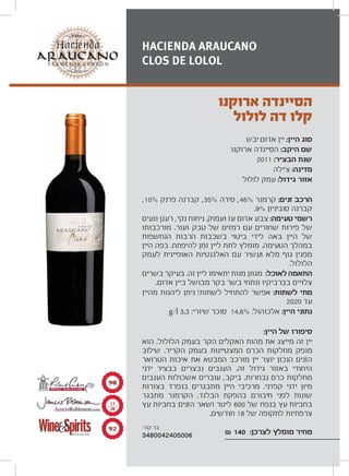‫יבש‬ ‫אדום‬ ‫יין‬ :‫היין‬ ‫סוג‬
‫ארוקנו‬ ‫הסיינדה‬ :‫היקב‬ ‫שם‬
2011 :‫הבציר‬ ‫שנת‬
‫צ‘ילה‬ :‫מדינה‬
‫לולול‬ ‫עמק‬ :‫גידול‬ ‫אזור‬
,10% ‫פרנק‬ ‫קברנה‬ ,35% ‫סירה‬ ,46% ‫קרמנר‬ :‫זנים‬ ‫הרכב‬
.9% ‫סוביניון‬ ‫קברנה‬
‫ונעים‬ ‫רענן‬ ,‫נקי‬ ‫ניחוח‬ .‫ועמוק‬ ‫עז‬ ‫אדום‬ ‫צבע‬ :‫טעימה‬ ‫רשמי‬
‫מורכבותו‬ .‫ועור‬ ‫טבק‬ ‫של‬ ‫רמזים‬ ‫עם‬ ‫שחורים‬ ‫פירות‬ ‫של‬
‫הנחשפות‬ ‫הרבות‬ ‫בשכבות‬ ‫ביטוי‬ ‫לידי‬ ‫באה‬ ‫היין‬ ‫של‬
‫היין‬ ‫בפה‬ .‫להיפתח‬ ‫זמן‬ ‫ליין‬ ‫לתת‬ ‫מומלץ‬ .‫הטעימה‬ ‫במהלך‬
‫לעמק‬ ‫האופיינית‬ ‫האלגנטיות‬ ‫עם‬ ‫ועשיר‬ ‫מלא‬ ‫גוף‬ ‫מפגין‬
.‫הלולול‬
‫בשרים‬ ‫בעיקר‬ .‫זה‬ ‫ליין‬ ‫יתאימו‬ ‫מנות‬ ‫מגוון‬ :‫לאוכל‬ ‫התאמה‬
.‫אדום‬ ‫ביין‬ ‫מבושל‬ ‫בקר‬ ‫בשר‬ ‫ונתחי‬ ‫בברביקיו‬ ‫צלויים‬
‫מהיין‬ ‫ליהנות‬ ‫ניתן‬ !‫לשתות‬ ‫להתחיל‬ ‫אפשר‬ :‫לשתות‬ ‫מתי‬
2020 ‫עד‬
g/l 3.3 :‫שיורי‬ ‫סוכר‬ 14.6% :‫אלכוהול‬ :‫היין‬ ‫נתוני‬
:‫היין‬ ‫של‬ ‫סיפורו‬
‫הוא‬ .‫הלולול‬ ‫בעמק‬ ‫הקר‬ ‫האקלים‬ ‫מהות‬ ‫את‬ ‫מייצג‬ ‫זה‬ ‫יין‬
‫שילוב‬ .‫הקריר‬ ‫בעמק‬ ‫המצטיינות‬ ‫הכרם‬ ‫מחלקות‬ ‫מופק‬
‫הטרואר‬ ‫איכות‬ ‫את‬ ‫המבטא‬ ‫מורכב‬ ‫יין‬ ‫יוצר‬ ‫הנכון‬ ‫הזנים‬
‫ידני‬ ‫בבציר‬ ‫נבצרים‬ ‫הענבים‬ .‫זה‬ ‫גידול‬ ‫באזור‬ ‫היחודי‬
‫הענבים‬ ‫אשכולות‬ ‫עוברים‬ ,‫ביקב‬ .‫נבחרות‬ ‫כרם‬ ‫מחלקות‬
‫בצורות‬ ‫בנפרד‬ ‫מתבגרים‬ ‫היין‬ ‫מרכיבי‬ .‫קפדני‬ ‫ידני‬ ‫מיון‬
‫מתבגר‬ ‫הקרמנר‬ .‫הבלנד‬ ‫בהפקת‬ ‫חיבורם‬ ‫לפני‬ ‫שונות‬
‫עץ‬ ‫בחביות‬ ‫הזנים‬ ‫ושאר‬ ‫ליטר‬ 600 ‫של‬ ‫בנפח‬ ‫עץ‬ ‫בחביות‬
.‫חודשים‬ 18 ‫של‬ ‫לתקופה‬ ‫צרפתיות‬
₪ 140 :‫לצרכן‬ ‫מומלץ‬ ‫מחיר‬
‫ארוקנו‬ ‫הסיינדה‬
‫לולול‬ ‫דה‬ ‫קלו‬
HACIENDA ARAUCANO
CLOS DE LOLOL
π∞
π≤
±∑
≤∞
:‫קוד‬ ‫בר‬
3480042405006
 