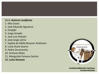 Aprofessorabibliotecária,CarlaNunes
Anoletivo2015/2016
Série Autores Lusófonos
1. Mia Couto
2. José Eduardo Agualusa
3. Ondjaki
4. Jorge Amado
5. José Luís Peixoto
6. José Jorge Letria
7. Sophia de Mello Breyner Andresen
8. Luísa Ducla Soares
9. Pedro Seromenho
10. António Mota
11. Margarida Fonseca Santos
12. Luísa Dacosta
 