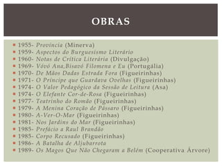  1955- Província (Minerva)
 1959- Aspectos do Burguesismo Literário
 1960- Notas de Crítica Literária (Divulgação)
 1969- Vóvó Ana,Bisavó Filomena e Eu (Portugália)
 1970- De Mãos Dadas Estrada Fora (Figueirinhas)
 1971- O Príncipe que Guardava Ovelhas (Figueirinhas)
 1974- O Valor Pedagógico da Sessão de Leitura (Asa)
 1974- O Elefante Cor-de-Rosa (Figueirinhas)
 1977- Teatrinho do Romão (Figueirinhas)
 1979- A Menina Coração de Pássaro (Figueirinhas)
 1980- A-Ver-O-Mar (Figueirinhas)
 1981- Nos Jardins do Mar (Figueirinhas)
 1985- Prefácio a Raul Brandão
 1985- Corpo Recusado (Figueirinhas)
 1986- A Batalha de Aljubarrota
 1989- Os Magos Que Não Chegaram a Belém (Cooperativa Árvore)
OBRAS
 