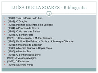 LUÍSA DUCLA SOARES - Bibliografia (1982), Três Histórias do Futuro (1982), O Dragão.  (1983), Poemas da Mentira e da Verdade (1984), A Princesa da Chuva (1984), O Homem das Barbas (1984), O Senhor Forte (1985), O Homem Alto, a Mulher Baixinha (1985), De Que São Feitos os Sonhos: A Antologia Diferente (1985), 6 Histórias de Encantar (1985), A Menina Branca, o Rapaz Preto (1985), A Menina Boa (1985), O Senhor pouca Sorte (1986), A Vassoura Mágica.  (1987), O Fantasma (1987), A Menina Verde 