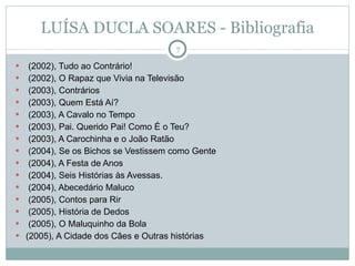 LUÍSA DUCLA SOARES - Bibliografia (2002), Tudo ao Contrário! (2002), O Rapaz que Vivia na Televisão (2003), Contrários (2003), Quem Está Aí? (2003), A Cavalo no Tempo (2003), Pai. Querido Pai! Como É o Teu? (2003), A Carochinha e o João Ratão (2004), Se os Bichos se Vestissem como Gente (2004), A Festa de Anos (2004), Seis Histórias às Avessas.  (2004), Abecedário Maluco (2005), Contos para Rir (2005), História de Dedos (2005), O Maluquinho da Bola (2005), A Cidade dos Cães e Outras histórias 