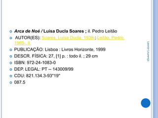    Arca de Noé / Luísa Ducla Soares ; il. Pedro Leitão
    AUTOR(ES): Soares, Luísa Ducla, 1939-; Leitão, Pedro,
    1965-, il.




                                                             Leonor Lourenço
   PUBLICAÇÃO: Lisboa : Livros Horizonte, 1999
   DESCR. FÍSICA: 27, [1] p. : todo il. ; 29 cm
   ISBN: 972-24-1083-0
   DEP. LEGAL: PT -- 143009/99
   CDU: 821.134.3-93"19"
   087.5
 