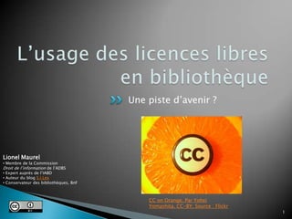 L’usage des licences libres en bibliothèque Une piste d’avenir ? 1 Lionel Maurel ,[object Object],Droit de l’information de l’ADBS ,[object Object]