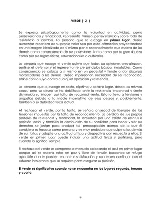9
VERDE ( 2 )
Se expresa psicológicamente como la voluntad en actividad, como
perseverancia y tenacidad. Representa firmeza, perseverancia y sobre todo de
resistencia a cambia. La persona que lo escoge en primer lugar, desea
aumentar la certeza de su propio valer sea por auto-afirmación proyectándose
en una imagen idealizada de sí mismo por el reconocimiento que espera de los
demás como consecuencia de sus posesiones: tanto como por su gran riqueza
como por sus logros físicos, educacionales o culturales.
La persona que escoge el verde quiere que todas sus opiniones prevalezcan,
sentirse el defensor y el representante de principios básicos inmutables. Como
consecuencia se coloca a sí mismo en un pedestal y tiende a dar discursos
moralizadores a los demás. Desea impresionar, necesidad de ser reconocido,
salirse con la suya contra cualquier oposición y resistencia.
La persona que lo escoge en sexto, séptimo u octavo lugar, desea las mismas
cosas, pero su deseo se ha debilitado ante la resistencia encontrad y siente
disminuida su imagen por falta de reconocimiento. Esto lo lleva a tensiones y
angustias debido a la índole imperativa de esos deseos y, posiblemente,
también a su debilidad física actual.
Al rechazar el verde, por lo tanto, se señala ansiedad de liberarse de las
tensiones impuestas por la falta de reconocimiento. La pérdida de sus propios
poderes de resistencia y tenacidad, la ansiedad por una caída de estatus o
posición social y también la disminución de su habilidad para hacer valer sus
derechos se juntan para producir tal preocupación acerca de lo que él
considera su fracaso como persona y es muy probable que culpe a los demás
de sus fallas y adopte una actitud crítica y despectiva con respecto a ellos. El
verde en primer lugar puede indicar una actitud terca y porfiriana, pero
cuando lo significa siempre.
El rechazo del verde se compensa a menudo colocando el azul en primer lugar
porque así se espera estar en paz y libre de tensión buscando un refugio
apacible donde pueden encontrar satisfacción y no deben continuar con el
esfuerzo intolerante que se requiere para asegurar su posición.
El verde es significativo cuando no se encuentra en los lugares segundo, tercero
y cuarto.
 