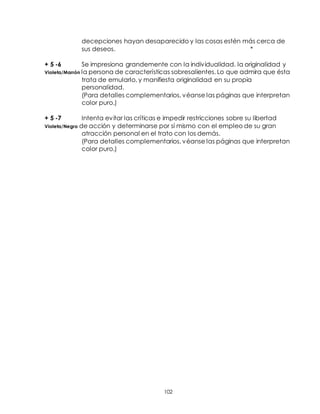 102
decepciones hayan desaparecido y las cosas estén más cerca de
sus deseos. *
+ 5 -6 Se impresiona grandemente con la individualidad. la originalidad y
Violeta/Marrón la persona de características sobresalientes. Lo que admira que ésta
trata de emularlo, y manifiesta originalidad en su propia
personalidad.
(Para detalles complementarios, véanse las páginas que interpretan
color puro.)
+ 5 -7 Intenta evitar las críticas e impedir restricciones sobre su libertad
Violeta/Negro de acción y determinarse por sí mismo con el empleo de su gran
atracción personal en el trato con los demás.
(Para detalles complementarios, véanse las páginas que interpretan
color puro.)
 