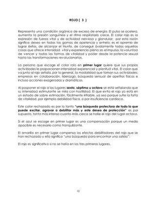 10
ROJO ( 3 )
Representa una condición orgánica de exceso de energía. El pulso se acelera,
aumenta la presión sanguínea y el ritmo respiratorio crece. El color rojo es la
expresión de fuerza vital y de actividad nerviosa y glandular; por esta razón
significa deseo en todas las gamas de apetencia y anhelo; es el apremio de
lograr éxitos, de alcanzar el triunfo, de conseguir ávidamente todas aquellas
cosas que ofrece intensidad vital y experiencia plena: es el impulso, la voluntad
de vencer y todas las formas de vitalidad y poder desde la potencia sexual
hasta las transformaciones revolucionarías.
La persona que escoge el color rolo en primer lugar quiere que sus propias
actividades le proporcionen intensidad experencial y plenitud vital. El color que
va junto al rojo señala, por lo general, la modalidad que toman sus actividades:
empresas en colaboración, liderazgo, búsqueda sensual de apetitos físicos e
incluso acciones exageradas y dramáticas.
Al posponer el rojo a los lugares sexto, séptimo u octavo se está señalando que
su intensidad estimulante se mira con hostilidad. El que evita el rojo ya está en
un estado de sobre estimación, fácilmente irritable, ya sea porque sufre la falta
de vitalidad, por ejemplo debilidad física, o por insuficiencia cardiaca.
Este color rechazado es por lo tanto “una búsqueda protectora de todo lo que
puede excitar, agravar o debilitar más y este deseo de protección” es por
supuesto, tanta más intenso cuanto más cerca se halle el rojo del lugar octavo.
Si el azul se escoge en primer lugar es una compensación porque un medio
apacible es necesario como tranquilizante.
El amarillo en primer lugar compensa los efectos debilitadores del rojo que se
han rechazado y ello significa “una búsqueda para encontrar una salida”:
El rojo es significativo si no se halla en los tres primeros lugares.
 