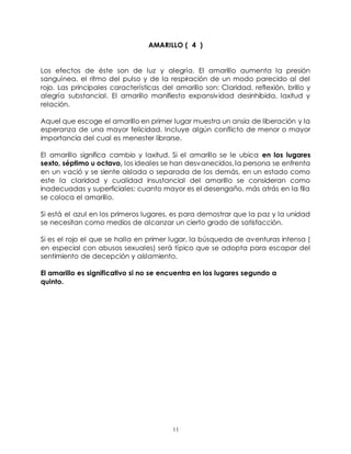 11
AMARILLO ( 4 )
Los efectos de éste son de luz y alegría. El amarillo aumenta la presión
sanguínea, el ritmo del pulso y de la respiración de un modo parecido al del
rojo. Las principales características del amarillo son: Claridad, reflexión, brillo y
alegría substancial. El amarillo manifiesta expansividad desinhibida, laxitud y
relación.
Aquel que escoge el amarillo en primer lugar muestra un ansia de liberación y la
esperanza de una mayor felicidad. Incluye algún conflicto de menor o mayor
importancia del cual es menester librarse.
El amarillo significa cambio y laxitud. Si el amarillo se le ubica en los lugares
sexto, séptimo u octavo, los ideales se han desvanecidos, la persona se enfrenta
en un vació y se siente aislada o separada de los demás, en un estado como
este la claridad y cualidad insustancial del amarillo se consideran como
inadecuadas y superficiales: cuanto mayor es el desengaño, más atrás en la fila
se coloca el amarillo.
Si está el azul en los primeros lugares, es para demostrar que la paz y la unidad
se necesitan como medios de alcanzar un cierto grado de satisfacción.
Si es el rojo el que se halla en primer lugar, la búsqueda de aventuras intensa (
en especial con abusos sexuales) será típico que se adopta para escapar del
sentimiento de decepción y aislamiento.
El amarillo es significativo si no se encuentra en los lugares segundo a
quinto.
 