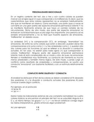 33
PERSONALIDADES EMOCIONALES
En un registro corriente del test, dos o tres y aún cuatro colores se pueden
marcar con el signo igual (=) que corresponde a la indiferencia. Es decir, que las
características que estos colores representan no se emplean habitualmente,
sino que se mantienen en reserva. Como resultado, una parte (que a veces se
convierte en una gran parte) del espectro emocional permanece latente Y no
se manifiesta fácilmente amenos de que haya un cambio notable de las
circunstancias. Dicho de otro modo, esa parte del espectro emocional no
entrará en actividad hasta que ocurra algo muy importante. Una persona así es
estable emocionalmente y no es fácil que muestre aspecto de emociones,
"indiferentes" sin debida causa.
La ansiedad ("A") y la compensación ("C"), sin embargo, "dramatizan" las
emociones. De entre los ocho colores que están a elección, pueden darse tres
compensaciones a lo sumo como ( + ) y tres ansiedades como ( -); quedan sólo
dos colores para las funciones (x) que se refieren a la situación o conductas
actuales. En tal caso, no existen para nada signos (=) que correspondan a
colores "indiferentes". Ninguna parte del espectro emocional permanece
latente; todo él está comprendido de un modo u otro. Así pues, las emociones
tienden a manifestarse muy fácilmente. La conducta de momento es mucho
menos predecible y también menos lógica. De este modo, cuando surge un
conflicto como resultado de ansiedades y compensaciones, se suscita una
conducta "emocional" con bastante facilidad y con un estímulo relativamente
menor.
CONFLICTO ENTRE OBJETIVOS Y CONDUCTA
Al analizar los datos por el Test de los colores se deben considerar el fin deseado
(las posiciones +) y la situación o conducta actuales (las posiciones X) para
conocer si existe algún conflicto.
Por ejemplo, en el protocolo
12 34 56 70
++ XX == --
Existen todas las indicaciones externas de una completa normalidad: los cuatro
colores básicos se encuentran al principio del test: no se subscribió ninguna A o
C y, al mismo tiempo, los grupos +, x, =, y + -no llevan asteriscos consigo según
las tablas interpretativas. ¿Existe entonces algún problema?.
Así, por ejemplo: 1 2
+ +
 