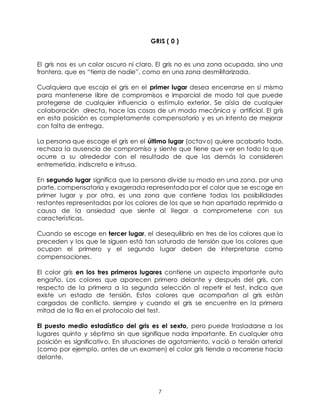 7
GRIS ( 0 )
El gris nos es un color oscuro ni claro. El gris no es una zona ocupada, sino una
frontera, que es “tierra de nadie”, como en una zona desmilitarizada.
Cualquiera que escoja el gris en el primer lugar desea encerrarse en sí mismo
para mantenerse libre de compromisos e imparcial de modo tal que puede
protegerse de cualquier influencia o estímulo exterior. Se aísla de cualquier
colaboración directa, hace las cosas de un modo mecánica y artificial. El gris
en esta posición es completamente compensatorio y es un intento de mejorar
con falta de entrega.
La persona que escoge el gris en el último lugar (octavo) quiere acabarlo todo,
rechaza la ausencia de compromiso y siente que tiene que ver en todo lo que
ocurre a su alrededor con el resultado de que las demás la consideren
entremetida, indiscreta e intrusa.
En segundo lugar significa que la persona divide su modo en una zona, por una
parte, compensatoria y exagerada representada por el color que se escoge en
primer lugar y por otra, es una zona que contiene todas las posibilidades
restantes representadas por los colores de los que se han apartado reprimido a
causa de la ansiedad que siente al llegar a comprometerse con sus
características.
Cuando se escoge en tercer lugar, el desequilibrio en tres de los colores que lo
preceden y los que le siguen está tan saturado de tensión que los colores que
ocupan el primero y el segundo lugar deben de interpretarse como
compensaciones.
El color gris en los tres primeros lugares contiene un aspecto importante auto
engaño. Los colores que aparecen primero delante y después del gris, con
respecto de la primera a la segunda selección al repetir el test, indica que
existe un estado de tensión. Estos colores que acompañan al gris están
cargados de conflicto, siempre y cuando el gris se encuentre en la primera
mitad de la fila en el protocolo del test.
El puesto medio estadístico del gris es el sexto, pero puede trasladarse a los
lugares quinto y séptimo sin que signifique nada importante. En cualquier otra
posición es significativo. En situaciones de agotamiento, vació o tensión arterial
(como por ejemplo, antes de un examen) el color gris tiende a recorrerse hacia
delante.
 