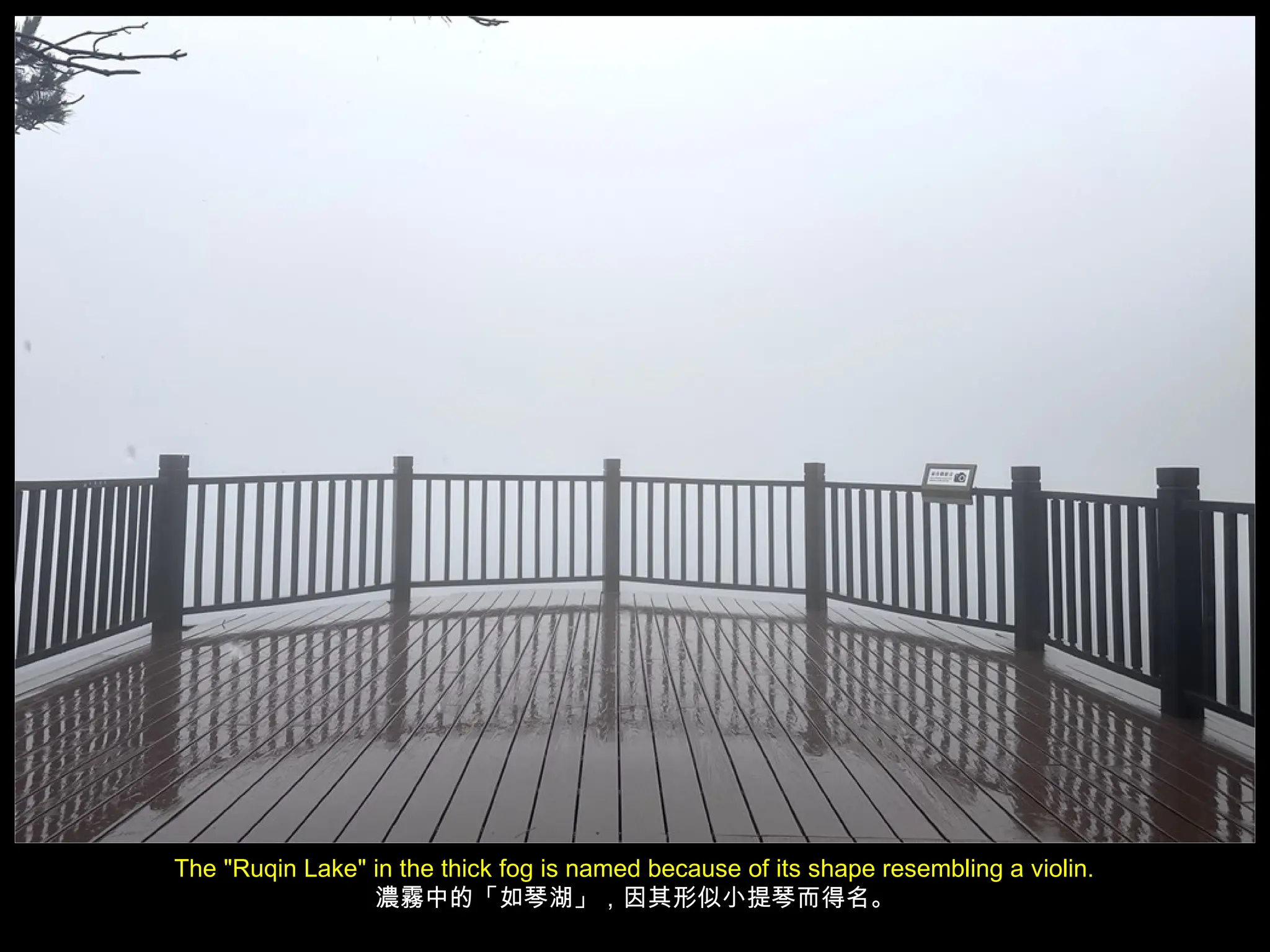 The "Ruqin Lake" in the thick fog is named because of its shape resembling a violin.
濃霧中的「如琴湖」，因其形似小提琴而得名。
 
