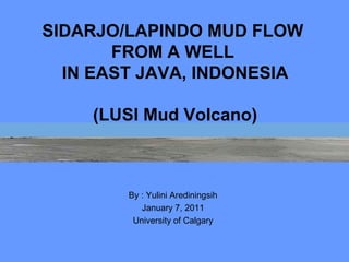 SIDARJO/LAPINDO MUD FLOW
       FROM A WELL
  IN EAST JAVA, INDONESIA

    (LUSI Mud Volcano)



        By : Yulini Arediningsih
           January 7, 2011
         University of Calgary
 