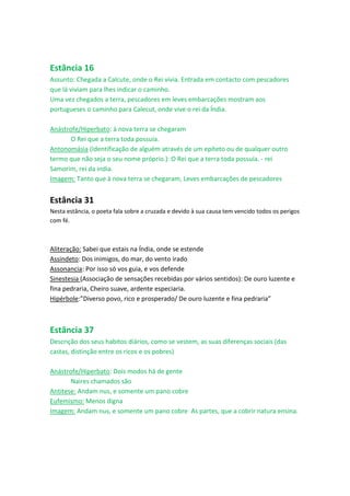 Estância 16
Assunto: Chegada a Calcute, onde o Rei vivia. Entrada em contacto com pescadores
que lá viviam para lhes indicar o caminho.
Uma vez chegados a terra, pescadores em leves embarcações mostram aos
portugueses o caminho para Calecut, onde vive o rei da Índia.

Anástrofe/Hiperbato: à nova terra se chegaram
       O Rei que a terra toda possuía.
Antonomásia (Identificação de alguém através de um epíteto ou de qualquer outro
termo que não seja o seu nome próprio.): O Rei que a terra toda possuía. - rei
Samorim, rei da india.
Imagem: Tanto que à nova terra se chegaram, Leves embarcações de pescadores


Estância 31
Nesta estância, o poeta fala sobre a cruzada e devido à sua causa tem vencido todos os perigos
com fé.



Aliteração: Sabei que estais na Índia, onde se estende
Assindeto: Dos inimigos, do mar, do vento irado
Assonancia: Por isso só vos guia, e vos defende
Sinestesia (Associação de sensações recebidas por vários sentidos): De ouro luzente e
fina pedraria, Cheiro suave, ardente especiaria.
Hipérbole:”Diverso povo, rico e prosperado/ De ouro luzente e fina pedraria”



Estância 37
Descrição dos seus habitos diários, como se vestem, as suas diferenças sociais (das
castas, distinção entre os ricos e os pobres)

Anástrofe/Hiperbato: Dois modos há de gente
       Naires chamados são
Antitese: Andam nus, e somente um pano cobre
Eufemismo: Menos digna
Imagem: Andam nus, e somente um pano cobre As partes, que a cobrir natura ensina.
 