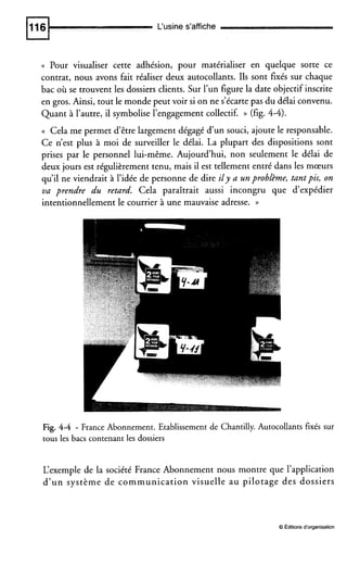 L‘usine s’affiche
(( Pour visualiser cette adhésion, pour matérialiser en quelque sorte ce
contrat, nous avons fait réaliser deux autocollants. Ils sont fixés sur chaque
bac où se trouvent les dossiers clients. Sur l’un figure la date objectif inscrite
en gros. Ainsi, tout le monde peut voir si on ne s’écartepas du délai convenu.
Quant à l’autre, il symbolise l’engagement collectif. )) (fig. 4-4).
(( Cela me permet d‘être largement dégagé d’un souci, ajoute le responsable.
Ce n’est plus à moi de surveiller le délai. La plupart des dispositions sont
prises par le personnel lui-même. Aujourd’hui, non seulement le délai de
deux jours est régulièrement tenu, mais il est tellement entré dans les mœurs
qu’il ne viendrait à l’idée de personne de dire ily a un problème, tantpis, on
va prendre du retard. Cela paraîtrait aussi incongru que d’expédier
intentionnellement le courrier à une mauvaise adresse. ))
Fig. 4-4 - France Abonnement. Etablissement de Chantilly. Autocollants fixés sur
tous les bacs contenant les dossiers
L‘exemple de la société France Abonnement nous montre que l’application
d’un système de communication visuelle au pilotage des dossiers
O Editions d‘organisation
 