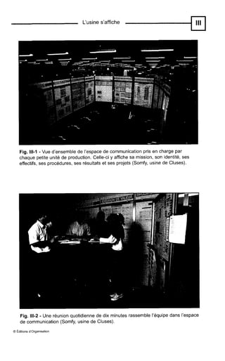 L‘usine s’affiche
Fig. 111-1 - Vue d’ensemble de l’espace de communication pris en charge par
chaque petite unité de production. Celle-ci y affiche sa mission, son identité, ses
effectifs, ses procédures, ses résultats et ses projets (Somfy, usine de Cluses).
Fig. 111-2 - Une réunion quotidienne de dix minutes rassemble l’équipe dans l’espace
de communication (Somfy, usine de Cluses).
O Éditions d‘organisation
 