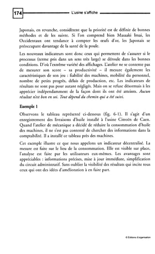 l‘usine s’affiche
Japonais, en revanche, considèrent que la priorité est de définir de bonnes
méthodes et de les suivre. Si l’on comprend bien Masaaki Imai, les
Occidentaux ont tendance à compter les œufs d’or, les Japonais se
préoccupant davantage de la santé de la poule.
Les nouveaux indicateurs sont donc ceux qui permettent de s’assurer si le
processus (terme pris dans un sens très large) se déroule dans les bonnes
conditions. D’où l’extrêmevariété des affichages. L‘atelier ne se contente pas
de mesurer son score - sa productivité - il mesure également les
caractéristiques de son jeu : fiabilité des machines, mobilité du personnel,
nombre de petits progrès, délais de production, etc. Les indicateurs de
résultats ne sont pas pour autant négligés. Mais on se refuse désormais à les
apprécier indépendamment de la façon dont ils ont été atteints. Aucun
résultat nést bon en soi. Tout dépend du chemin qui a été suivi.
Exemple 1
Observons le tableau représenté ci-dessous (fig. 6-1). II s’agit d’un
enregistrement des livraisons d’huile installé à l’usine Citroën de Caen.
Quand l’atelier de mécanique a décidé de réduire la consommation d’huile
des machines, il ne s’est pas contenté de chercher des informations dans la
comptabilité. I1 a installé ce tableau près des machines.
Cet exemple illustre ce que nous appelons un indicateur décentralisé. La
mesure est faite sur le lieu de la consommation. Elle est visible sur place,
l’analyse est faite par les utilisateurs eux-mêmes. Les avantages sont
appréciables : informations précises, mise à jour immédiate, simplification
du circuit administratif. Sans oublier la visibilité des résultats qui incite tous
ceux qui ont des idées d’amélioration à en faire part.
O Editions d’organisation
 