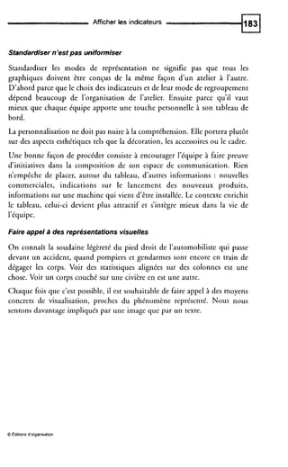 Afficher les indicateurs
Standardiser n’est pas uniformiser
Standardiser les modes de représentation ne signifie pas que tous les
graphiques doivent être conçus de la même façon d’un atelier à l’autre.
D’abord parce que le choix des indicateurs et de leur mode de regroupement
dépend beaucoup de l’organisation de l’atelier. Ensuite parce qu’il vaut
mieux que chaque équipe apporte une touche personnelle à son tableau de
bord.
La personnalisation ne doit pas nuire à la compréhension. Elle portera plutôt
sur des aspects esthétiques tels que la décoration, les accessoires ou le cadre.
Une bonne façon de procéder consiste à encourager l’équipe à faire preuve
d’initiatives dans la composition de son espace de communication. Rien
n’empêche de placer, autour du tableau, d’autres informations : nouvelles
commerciales, indications sur le lancement des nouveaux produits,
informations sur une machine qui vient d’être installée. Le contexte enrichit
le tableau, celui-ci devient plus attractif et s’intègre mieux dans la vie de
l’équipe.
Faire appel à des représentations visuelles
O n connaît la soudaine légèreté du pied droit de l’automobiliste qui passe
devant un accident, quand pompiers et gendarmes sont encore en train de
dégager les corps. Voir des statistiques alignées sur des colonnes est une
chose. Voir un corps couché sur une civière en est une autre.
Chaque fois que c’est possible, il est souhaitable de faire appel à des moyens
concrets de visualisation, proches du phénomène représenté. Nous nous
sentons davantage impliqués par une image que par un texte.
O cditions d‘organisation
 