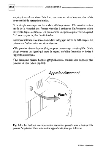 L'usine s'affiche
simples, les couleurs vives. Puis il se concentre sur des éléments plus précis
pour enrichir la perception initiale.
Cette simple remarque est la clé d'un affichage réussi. Elle consiste à tirer
profit de la capacité des formes visuelles à présenter l'information selon
différents degrés de finesse. Un peu comme une photo qui révélerait, quand
l'œil s'en rapproche, des détails inédits.
Comment introduire ce mécanismedans la logique même de l'affichage ? En
présentant l'information sur deux niveaux :
JUn premier niveau, baptiséfisb, propose un message très simplifié. Celui-
ci agit comme un signal qui capte le regard, mobilise l'attention et invite à
l'approfondissement.
JL,e deuxième niveau, baptisé approfondissement, contient des données plus
précises et plus riches (fig. 8-8).
Fig. 8-8 - Le flash est une information transmise, poussée vers le lecteur. Elle
permet l'acquisition d'une information approfondie,tirée par le lecteur.
0Éditions d'organisation
 